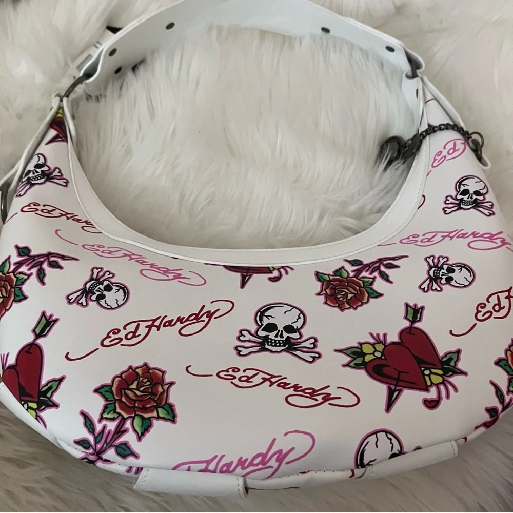 ED HARDY Studded White Vegan Leather Tattoo Crescent Bag NEW NWT